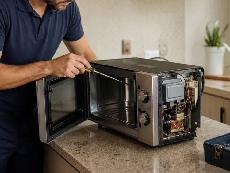 Técnico consertando um micro-ondas na cozinha do cliente